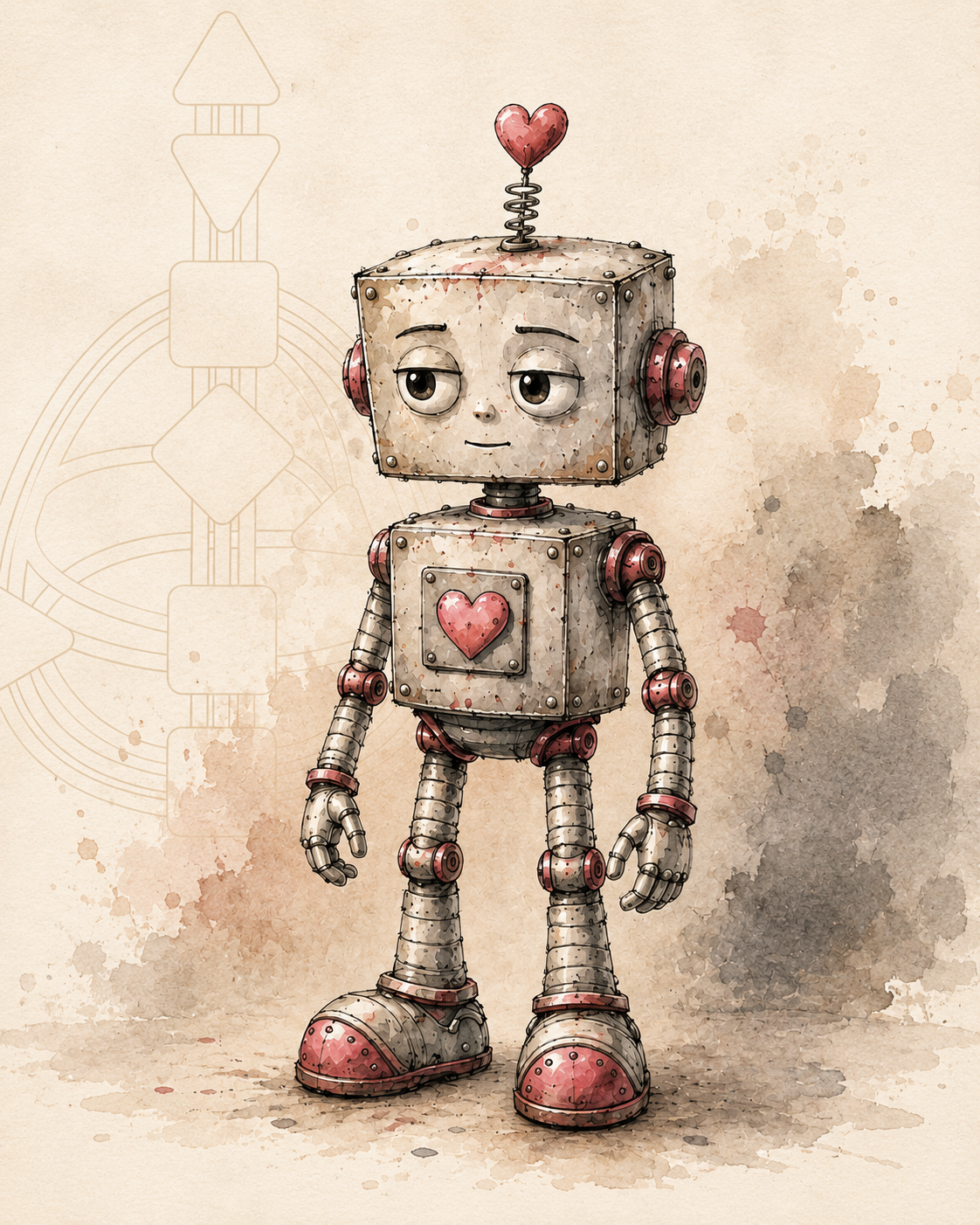 Rostige Roboterfigur mit pinkem Herz vor einer dezenten Human-Design-Bodygraf und warmen Aquarellflächen